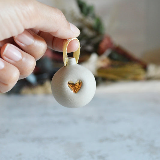 Seconds* GREY Mini Pastel Bauble With A Gold Heart | Stoneware | Hanging Christmas Decorations | Christmas Tree Decor (B75)