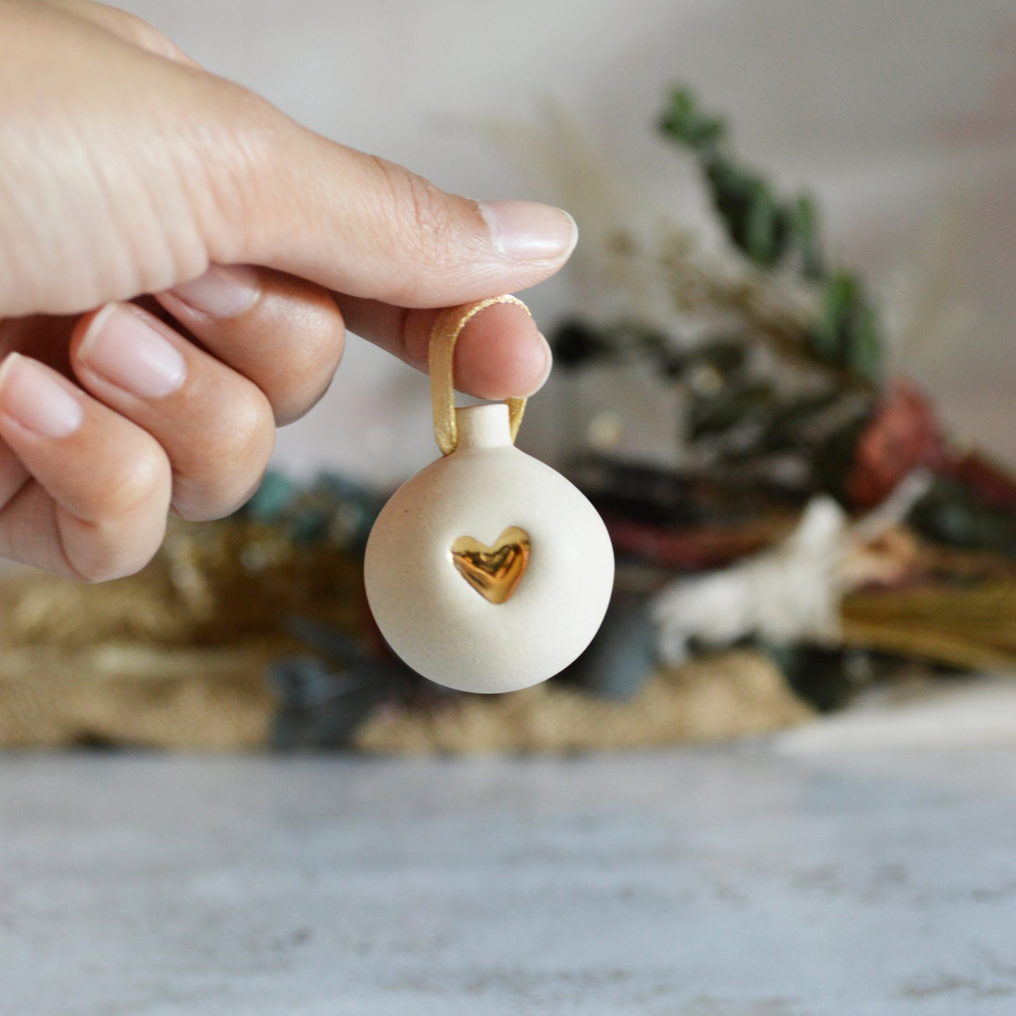 Mini Pastel Bauble With A Gold Heart | Stoneware | Hanging Christmas Decorations | Christmas Tree Decor