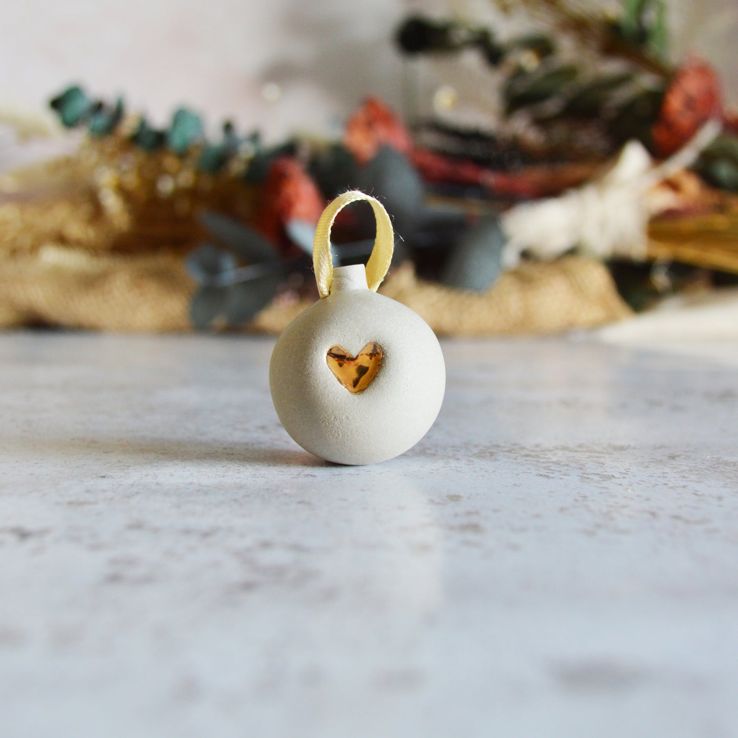 Mini Pastel Bauble With A Gold Heart | Stoneware | Hanging Christmas Decorations | Christmas Tree Decor