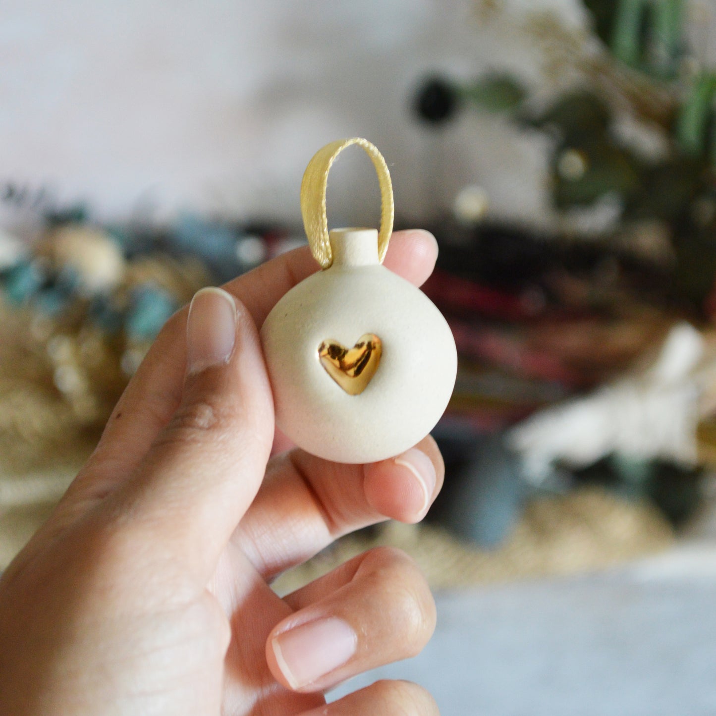 Mini Pastel Bauble With A Gold Heart | Stoneware | Hanging Christmas Decorations | Christmas Tree Decor