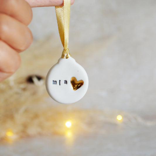 PRE-ORDER PERSONALISED Mini Flat Bauble Hanging Decoration With A Gold Heart | Porcelain | Hanging Christmas Decorations | Christmas Tree Decor