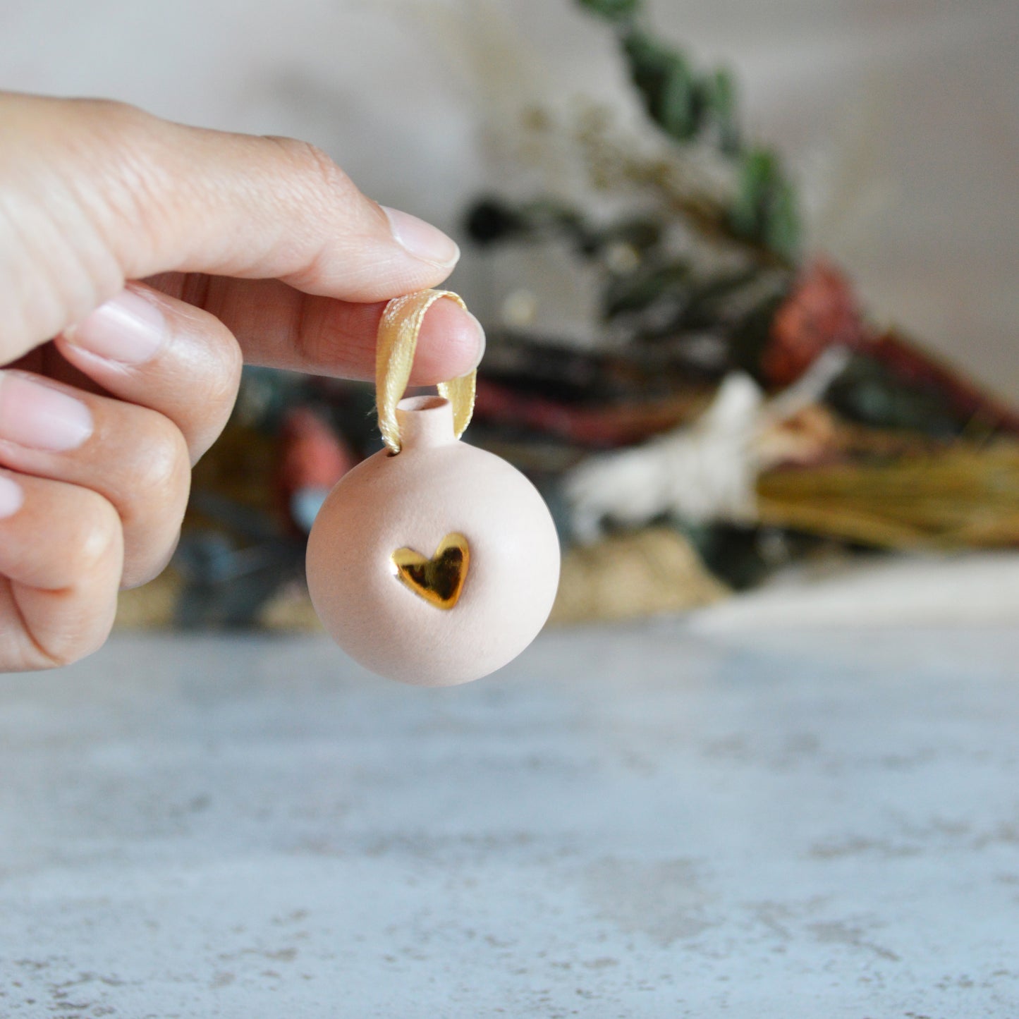 Seconds* PINK Mini Pastel Bauble With A Gold Heart | Stoneware | Hanging Christmas Decorations | Christmas Tree Decor (B88)