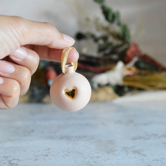 Seconds* PINK Mini Pastel Bauble With A Gold Heart | Stoneware | Hanging Christmas Decorations | Christmas Tree Decor (B88)