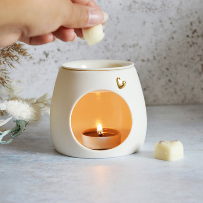 Seconds* WHITE Wax And Oil Burner With A Gold Embossed Heart And Detachable Lid | Wax Burner | Porcelain (A1)