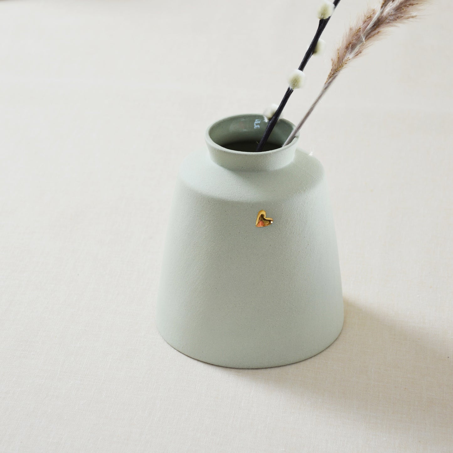 Pastel Mint Collard Neck Ceramic Vase With A Gold Embossed Heart | Stoneware Vase | Flower Vase