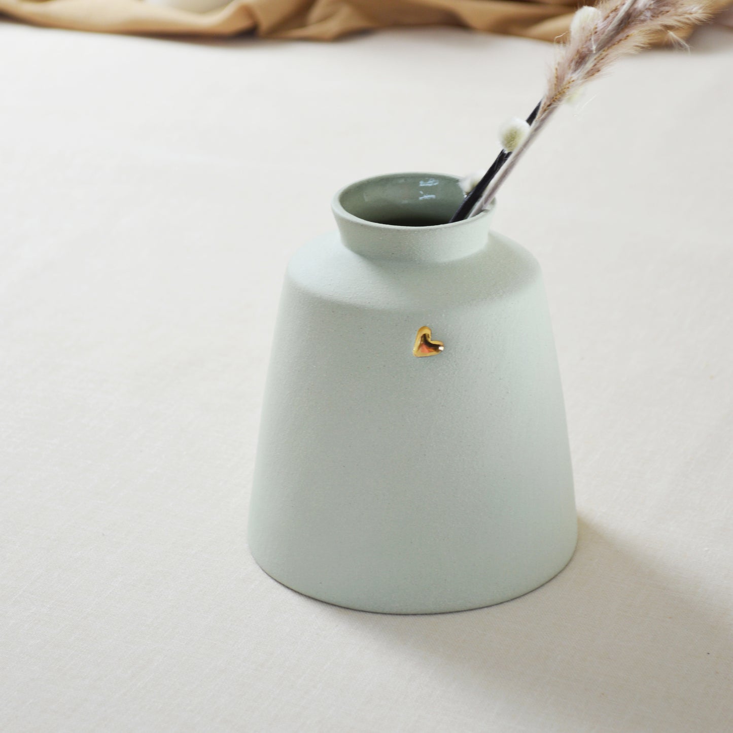 Pastel Mint Collard Neck Ceramic Vase With A Gold Embossed Heart | Stoneware Vase | Flower Vase