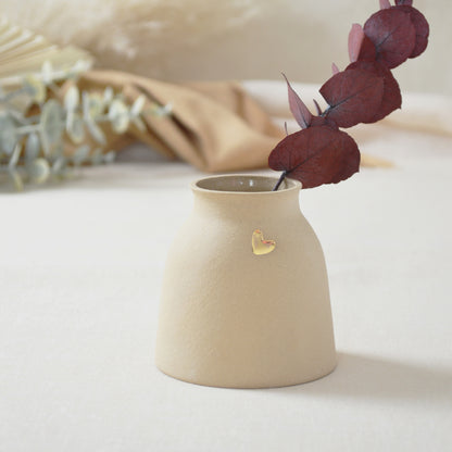 Small Pastel Brown Vase With A Gold Embossed Heart | Short Stem Vase | Flower Vase | Stoneware