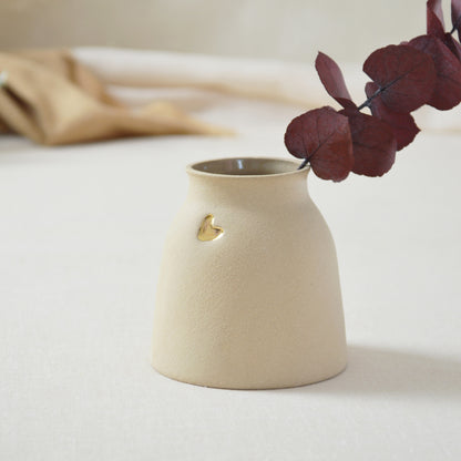 Small Pastel Brown Vase With A Gold Embossed Heart | Short Stem Vase | Flower Vase | Stoneware