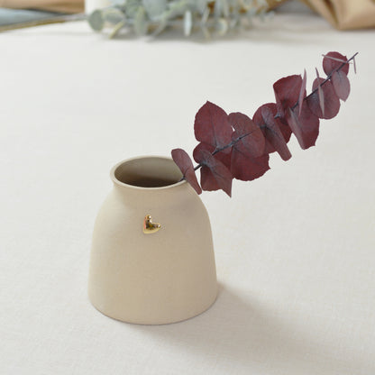 Small Pastel Brown Vase With A Gold Embossed Heart | Short Stem Vase | Flower Vase | Stoneware