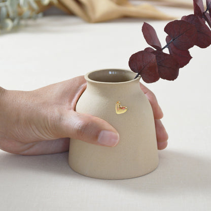 Small Pastel Brown Vase With A Gold Embossed Heart | Short Stem Vase | Flower Vase | Stoneware
