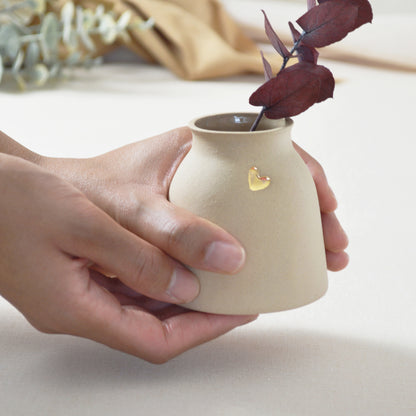 Small Pastel Brown Vase With A Gold Embossed Heart | Short Stem Vase | Flower Vase | Stoneware