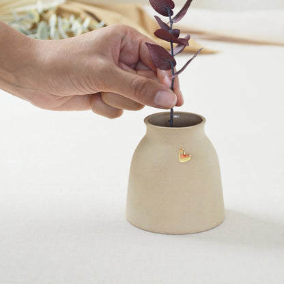 Small Pastel Brown Vase With A Gold Embossed Heart | Short Stem Vase | Flower Vase | Stoneware