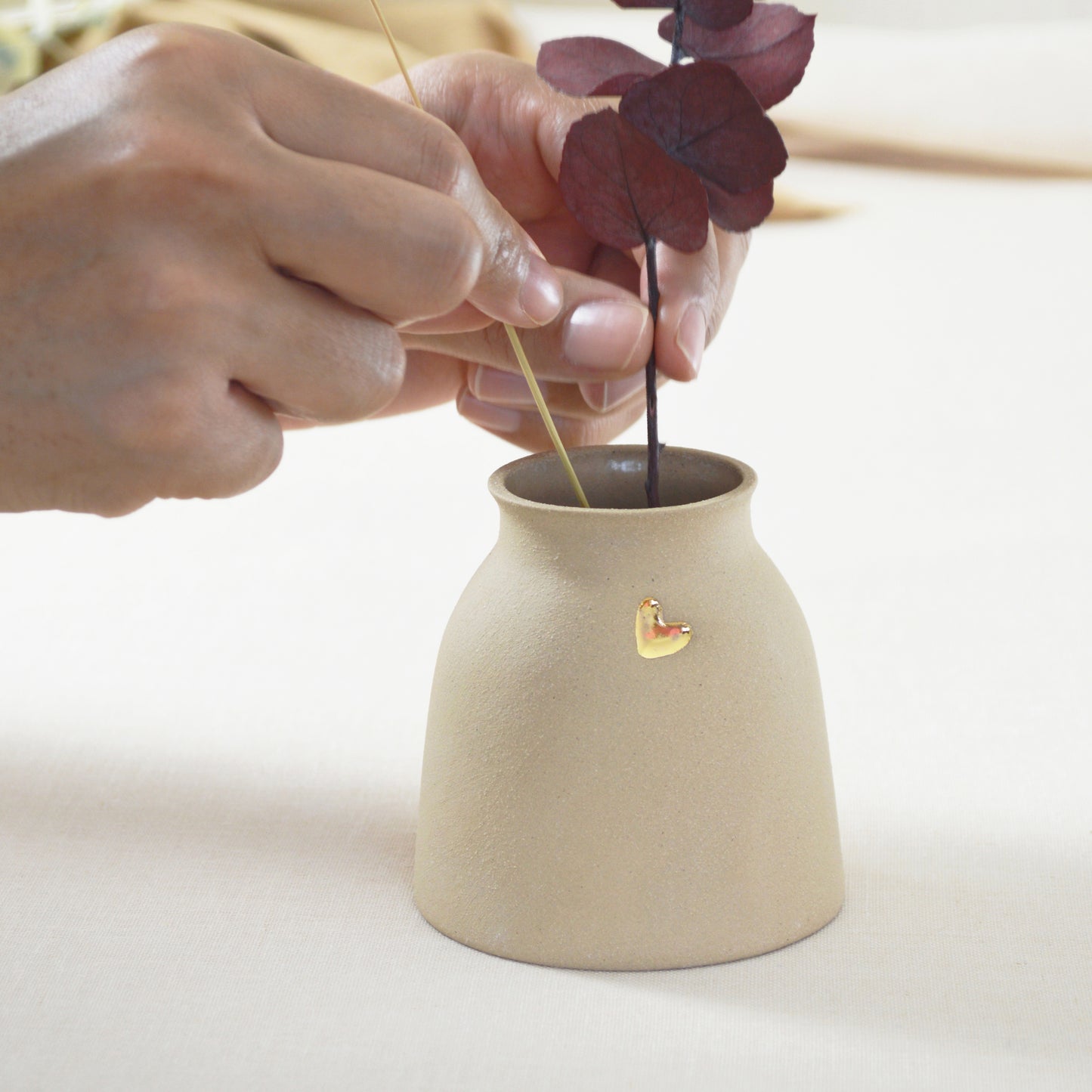 Small Pastel Brown Vase With A Gold Embossed Heart | Short Stem Vase | Flower Vase | Stoneware