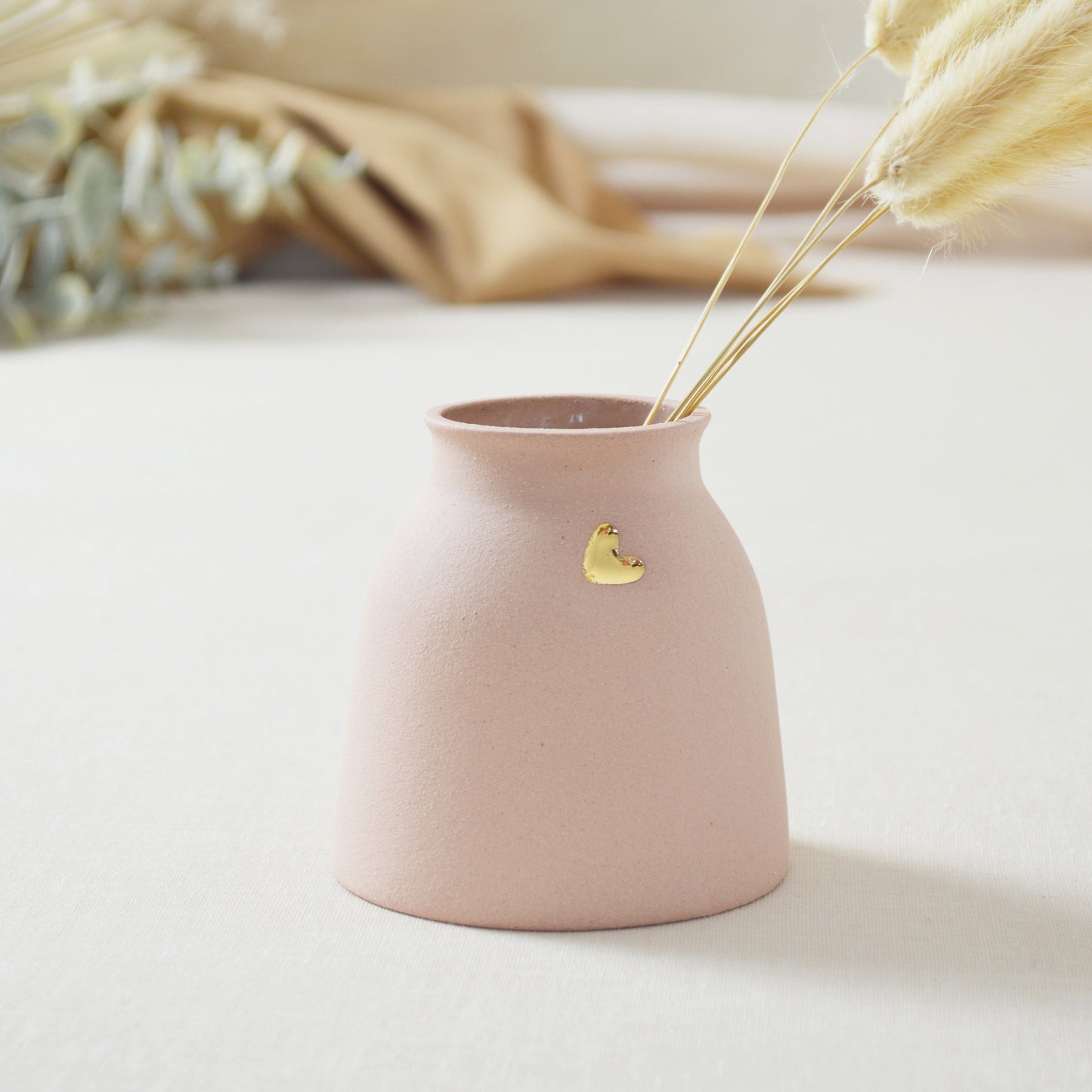 Small Pastel Pink Vase With A Gold Embossed Heart | Flower Vase | Small Vase | Stoneware Vase