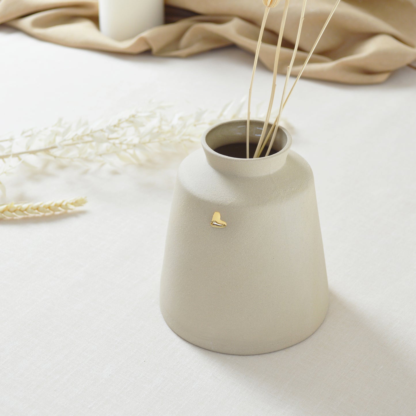 Pastel Brown/Beige Collard Neck Ceramic Vase With A Gold Embossed Heart | Stoneware Vase | Flower Vase