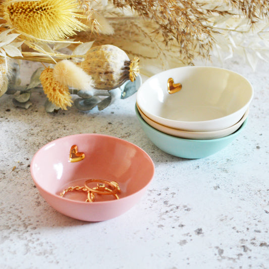 Seconds* Pastel PINK Small Trinket/Ring Dish With A Gold Embossed Heart | Ring Dish | Jewellery | Porcelain (A18)
