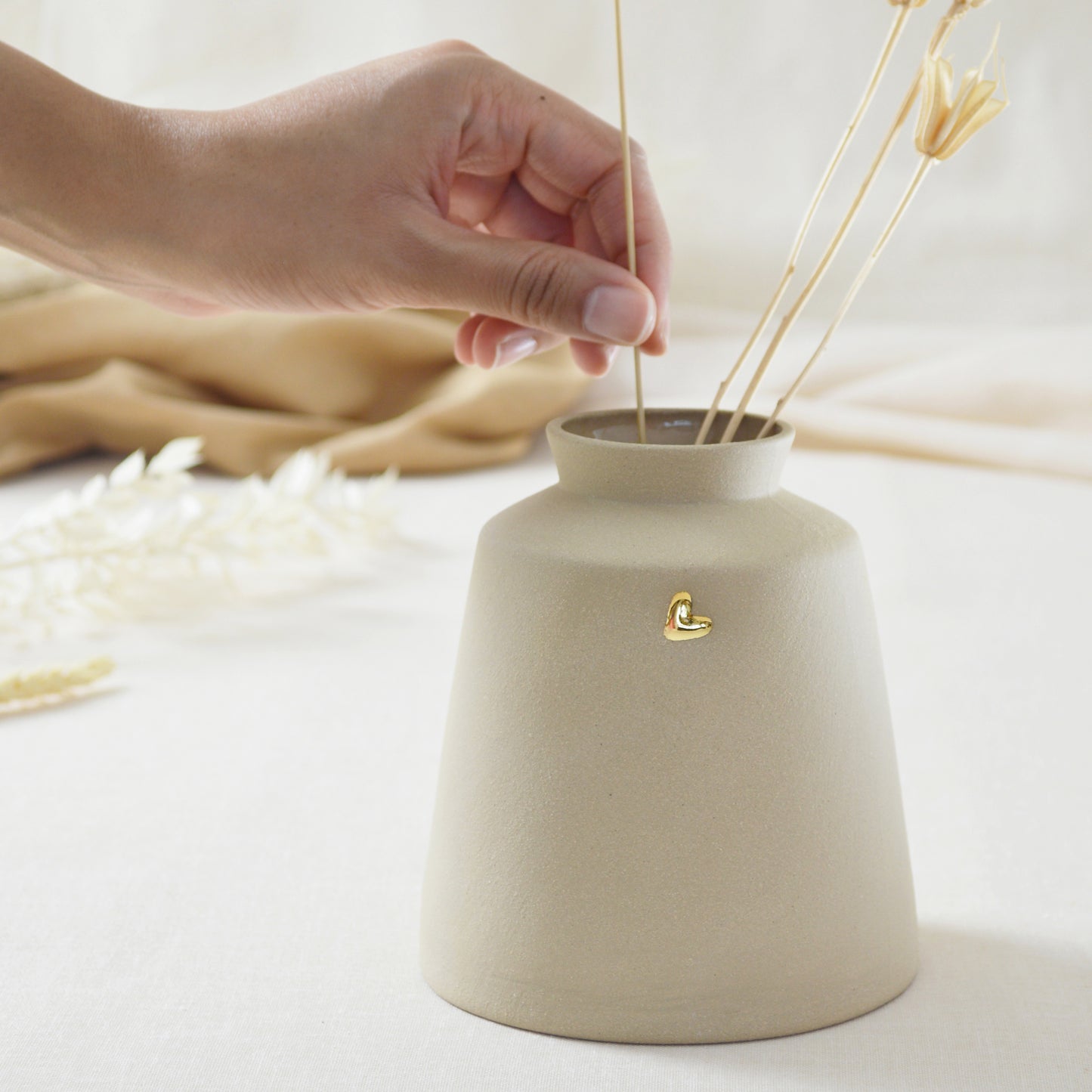 Pastel Brown/Beige Collard Neck Ceramic Vase With A Gold Embossed Heart | Stoneware Vase | Flower Vase