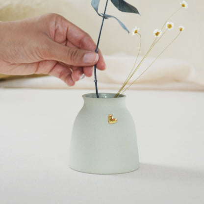Small Pastel Mint Vase With A Gold Embossed Heart | Flower Vase | Short Stem Vase | Stoneware Vase