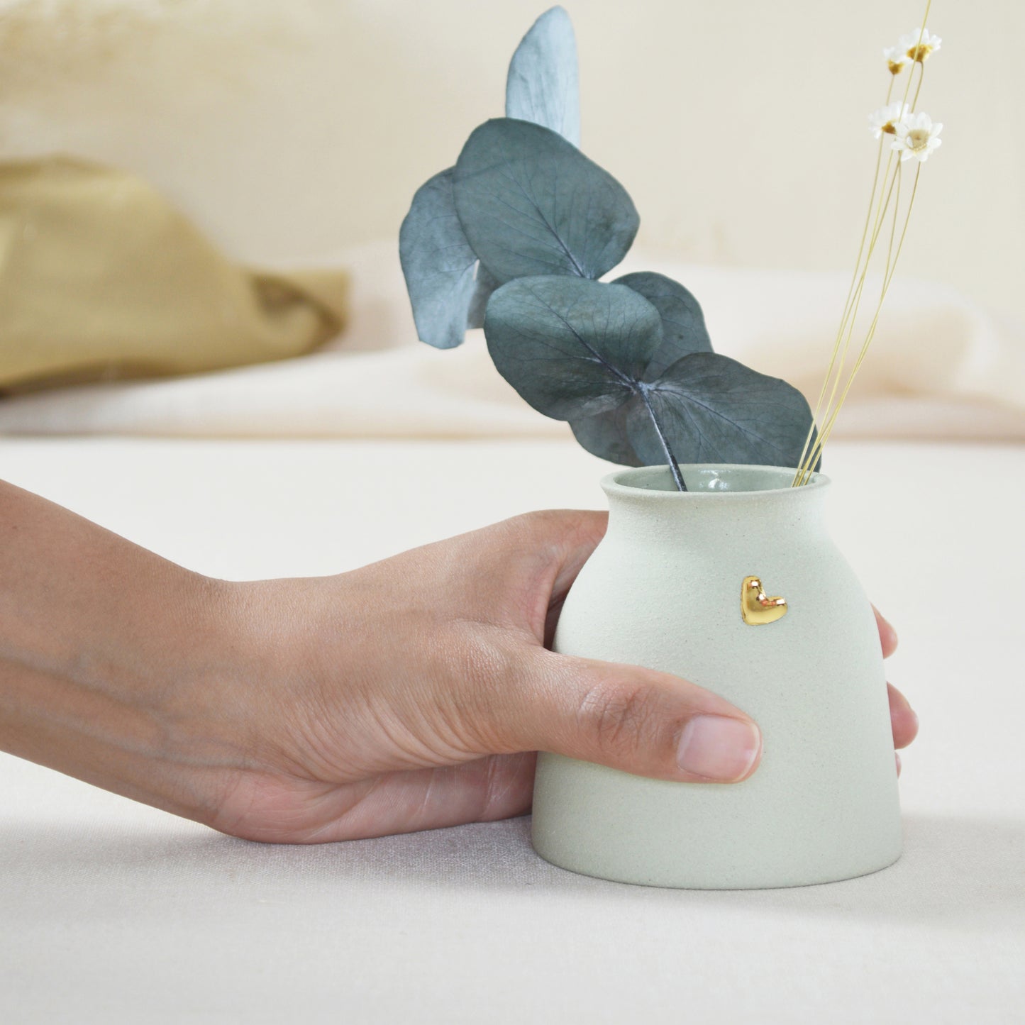 Small Pastel Mint Vase With A Gold Embossed Heart | Flower Vase | Short Stem Vase | Stoneware Vase