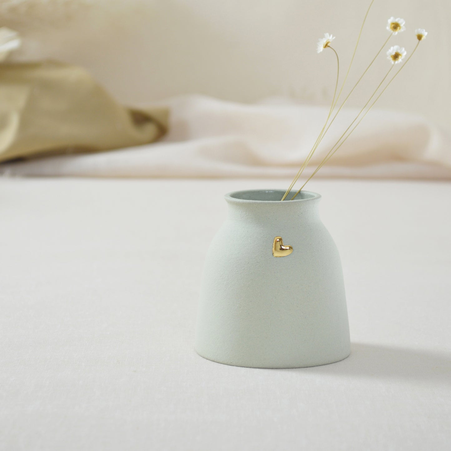 Small Pastel Mint Vase With A Gold Embossed Heart | Flower Vase | Short Stem Vase | Stoneware Vase