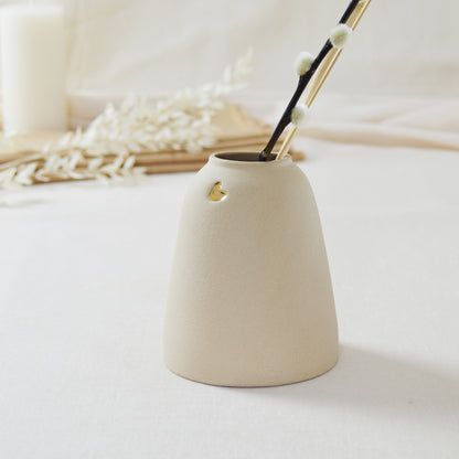 Discontinued* Pastel Brown Ceramic Vase With A Short Rim And An Embossed Gold Heart | Flower Vase | Home Decor | Gifts For Her | Stoneware