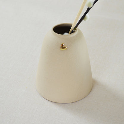 Discontinued* Pastel Brown Ceramic Vase With A Short Rim And An Embossed Gold Heart | Flower Vase | Home Decor | Gifts For Her | Stoneware