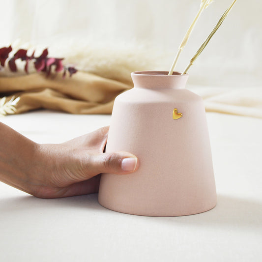 Pastel Pink Collard Neck Ceramic Vase With A Gold Embossed Heart | Stoneware Vase | Flower Vase