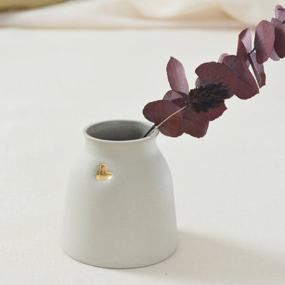 Small Pastel Grey Vase With A Gold Embossed Heart | Wide Neck Vase | Flower Vase | Stoneware