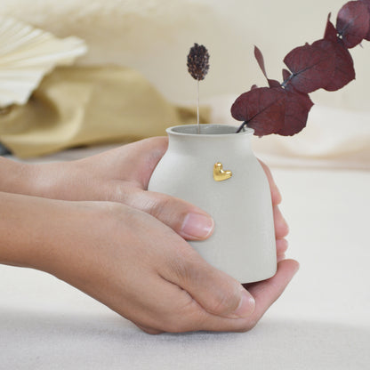 Small Pastel Grey Vase With A Gold Embossed Heart | Wide Neck Vase | Flower Vase | Stoneware