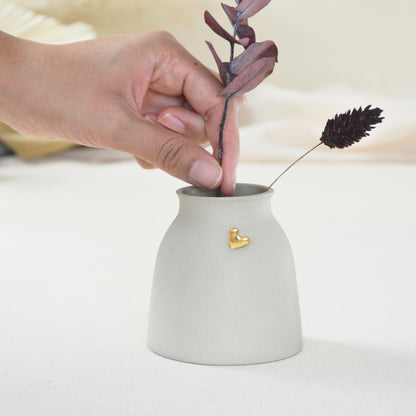 Small Pastel Grey Vase With A Gold Embossed Heart | Wide Neck Vase | Flower Vase | Stoneware