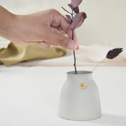 Small Pastel Grey Vase With A Gold Embossed Heart | Wide Neck Vase | Flower Vase | Stoneware