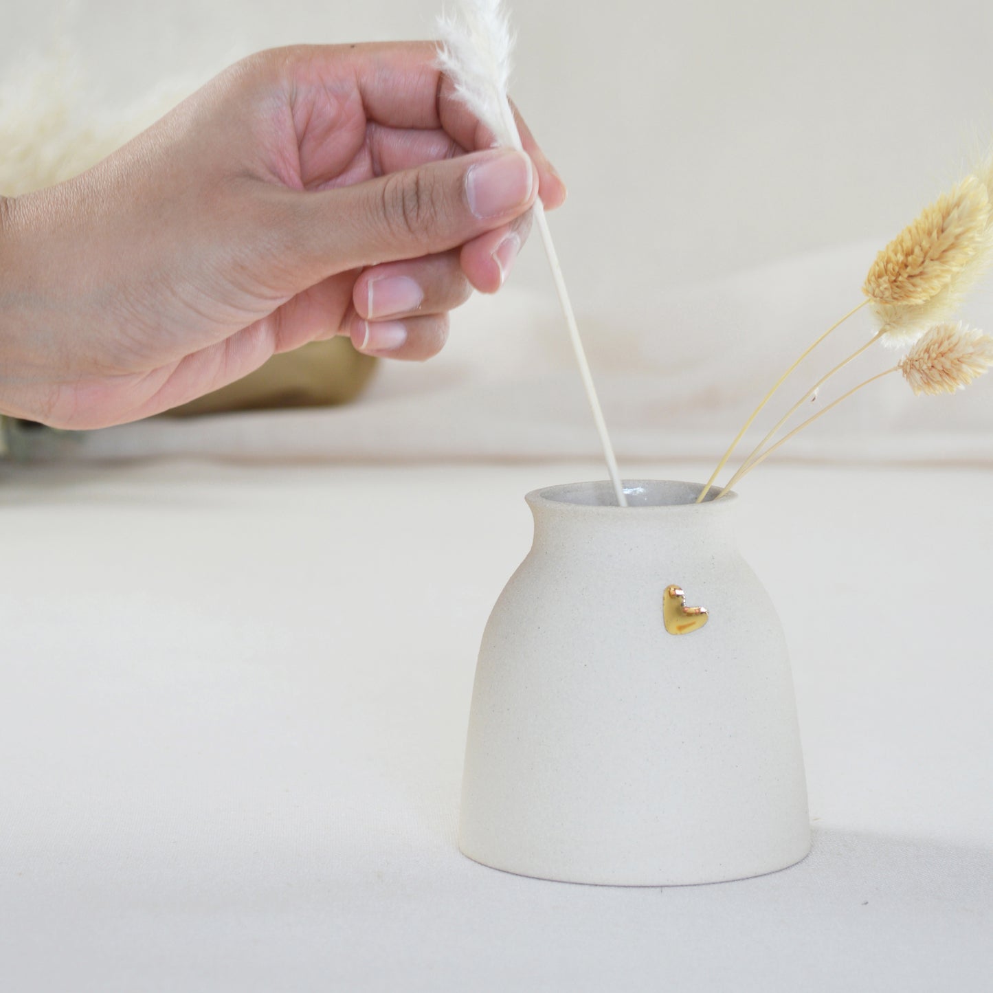 Small Cream Ceramic Vase With A Gold Embossed Heart | Neutral Vase | Flower Vase | Mother's Day | Stoneware