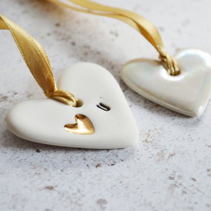 Mini Hanging Heart Tags (Pair) | Love You Heart Tag With A Mini Pearl Heart Tag | Valentine's Gift | Porcelain
