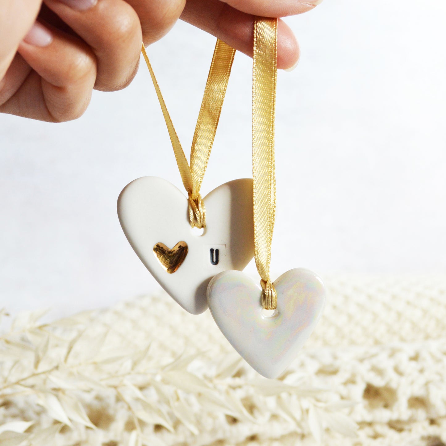 Mini Hanging Heart Tags (Pair) | Love You Heart Tag With A Mini Pearl Heart Tag | Valentine's Gift | Porcelain