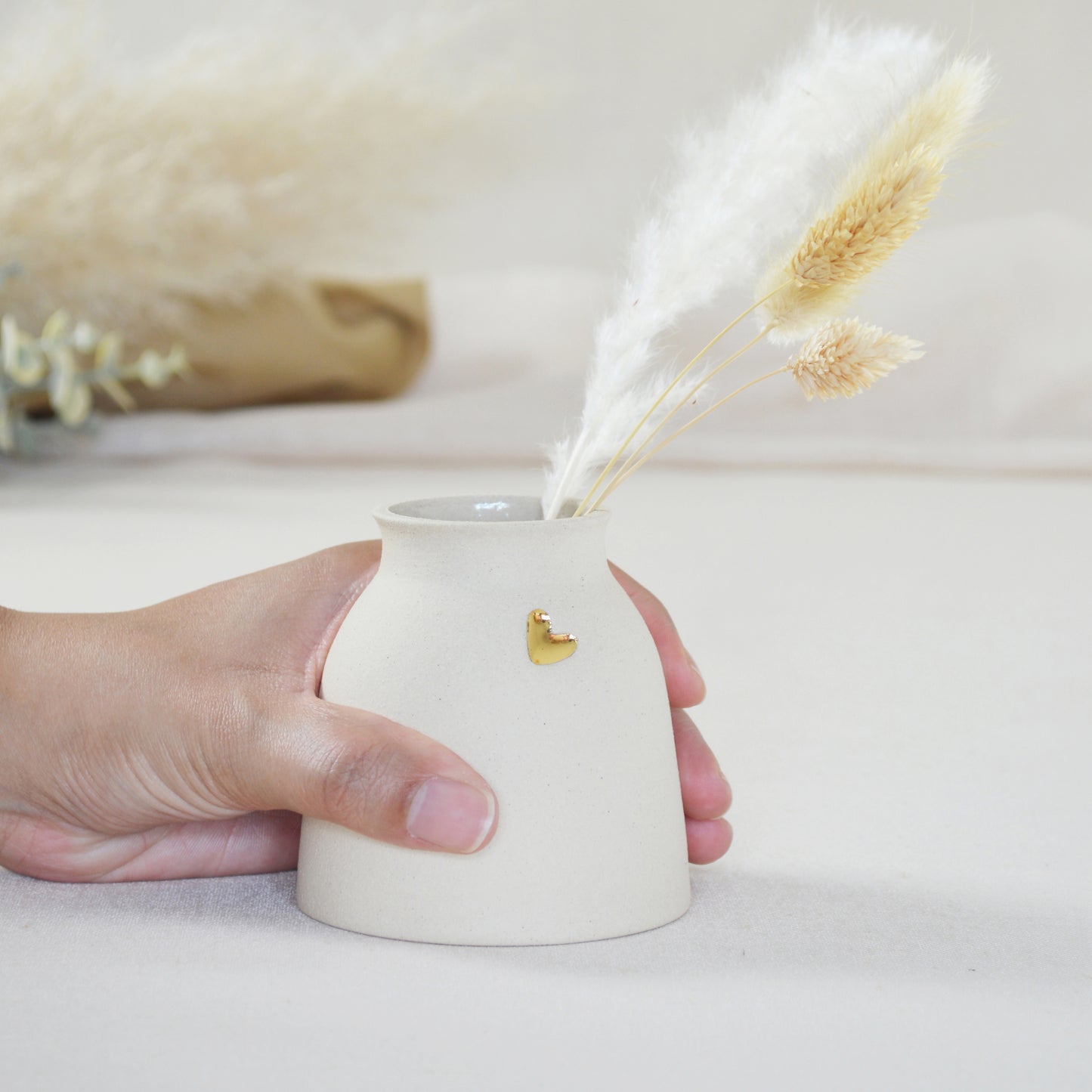 Small Cream Ceramic Vase With A Gold Embossed Heart | Neutral Vase | Flower Vase | Mother's Day | Stoneware