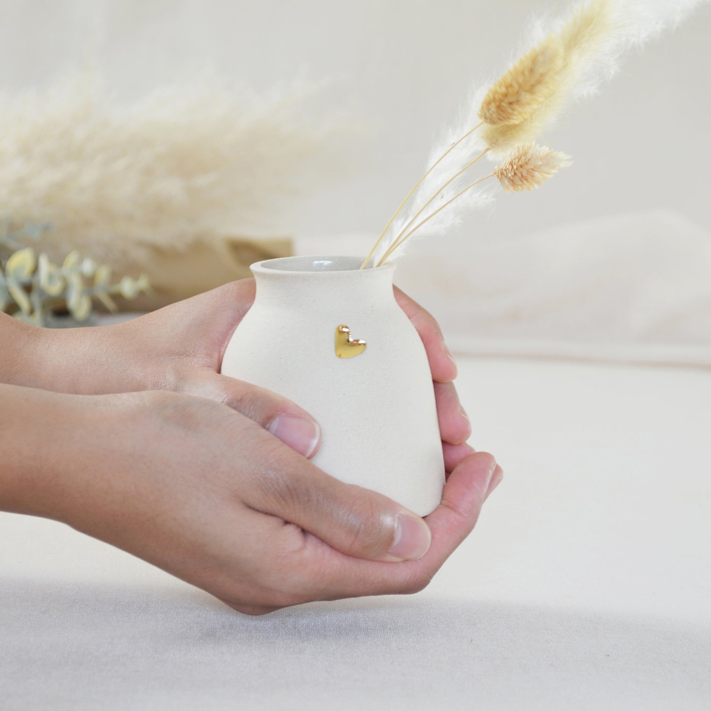 Small Cream Ceramic Vase With A Gold Embossed Heart | Neutral Vase | Flower Vase | Mother's Day | Stoneware