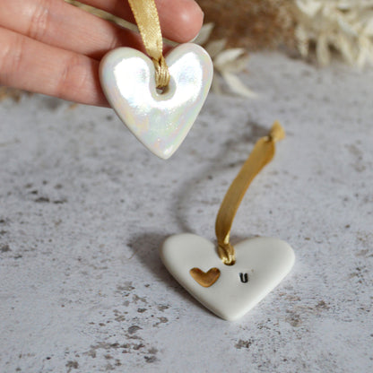 Mini Hanging Heart Tags (Pair) | Love You Heart Tag With A Mini Pearl Heart Tag | Valentine's Gift | Porcelain