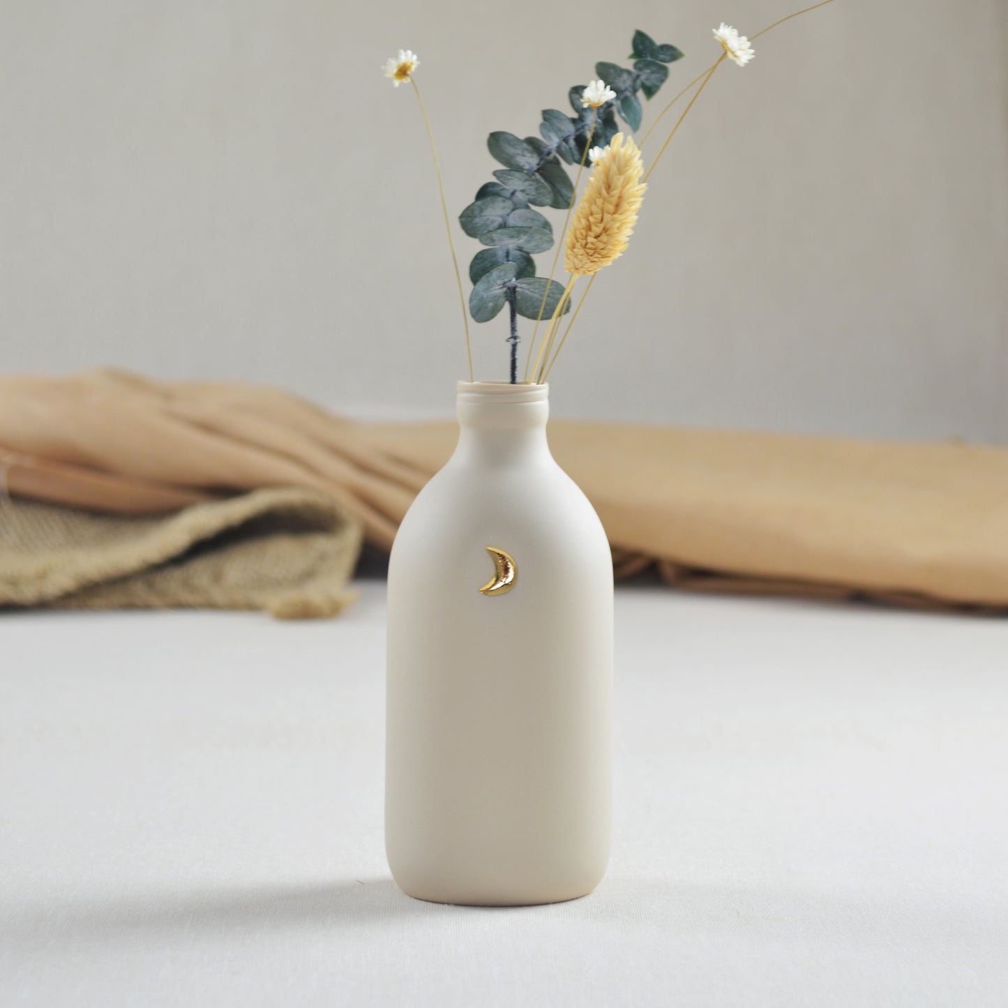 Pastel Beige Bottle Vase With A Gold Embossed Crescent Moon | Flower Vase | Porcelain Vase