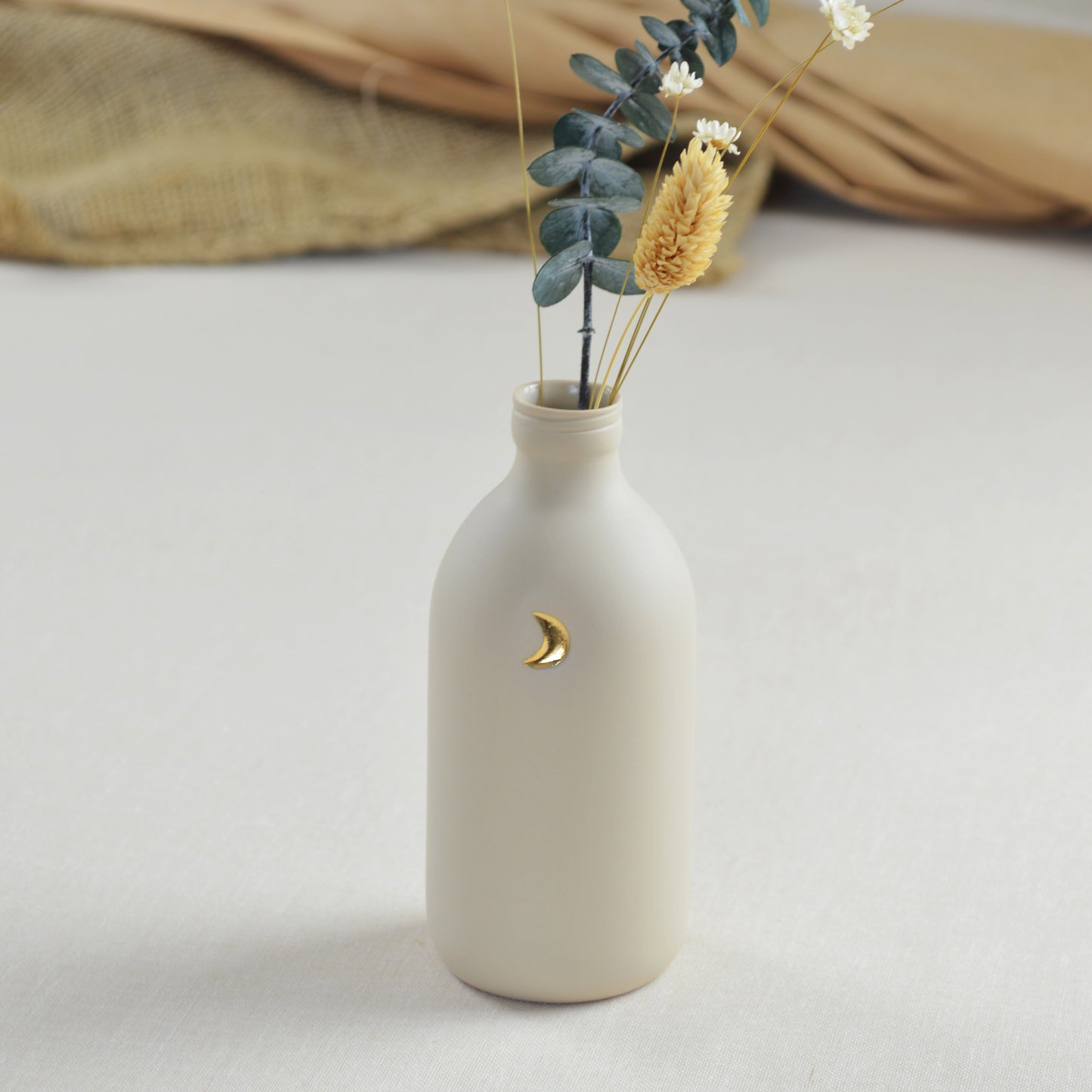 Pastel Beige Bottle Vase With A Gold Embossed Crescent Moon | Flower Vase | Porcelain Vase