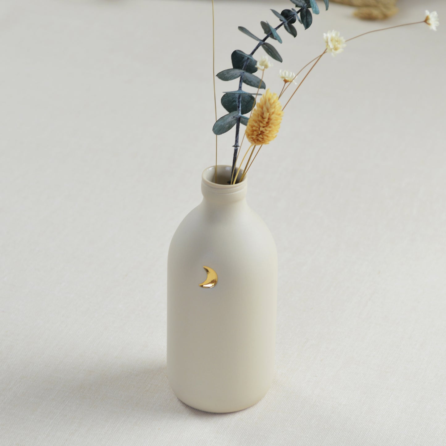 Pastel Beige Bottle Vase With A Gold Embossed Crescent Moon | Flower Vase | Porcelain Vase