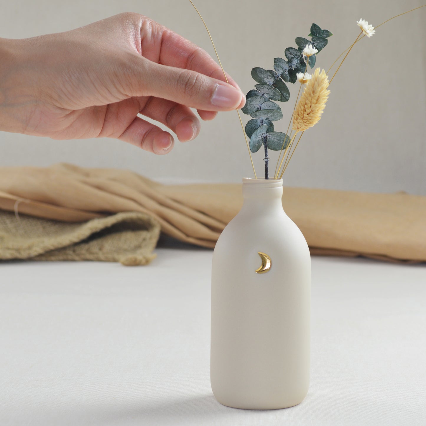 Pastel Beige Bottle Vase With A Gold Embossed Crescent Moon | Flower Vase | Porcelain Vase