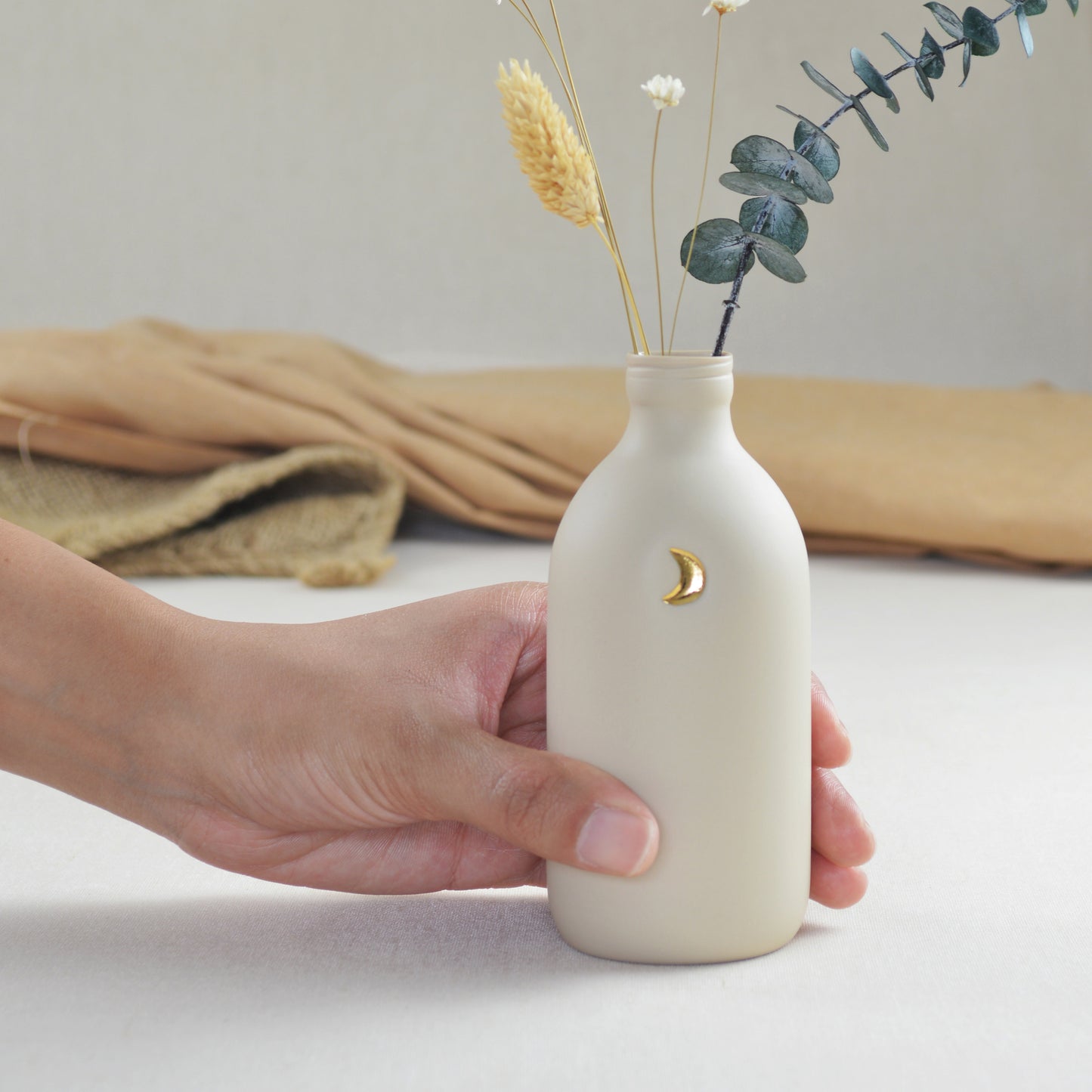 Pastel Beige Bottle Vase With A Gold Embossed Crescent Moon | Flower Vase | Porcelain Vase