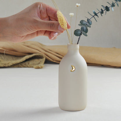 Pastel Beige Bottle Vase With A Gold Embossed Crescent Moon | Flower Vase | Porcelain Vase