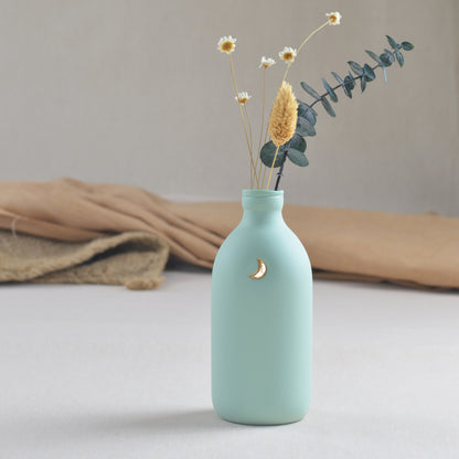 Pastel Mint Bottle Vase Embossed With A Gold Crescent Moon | Flower Vase | Porcelain Vase