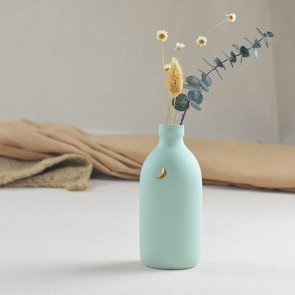 Pastel Mint Bottle Vase Embossed With A Gold Crescent Moon | Flower Vase | Porcelain Vase