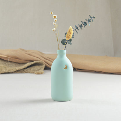 Pastel Mint Bottle Vase Embossed With A Gold Crescent Moon | Flower Vase | Porcelain Vase
