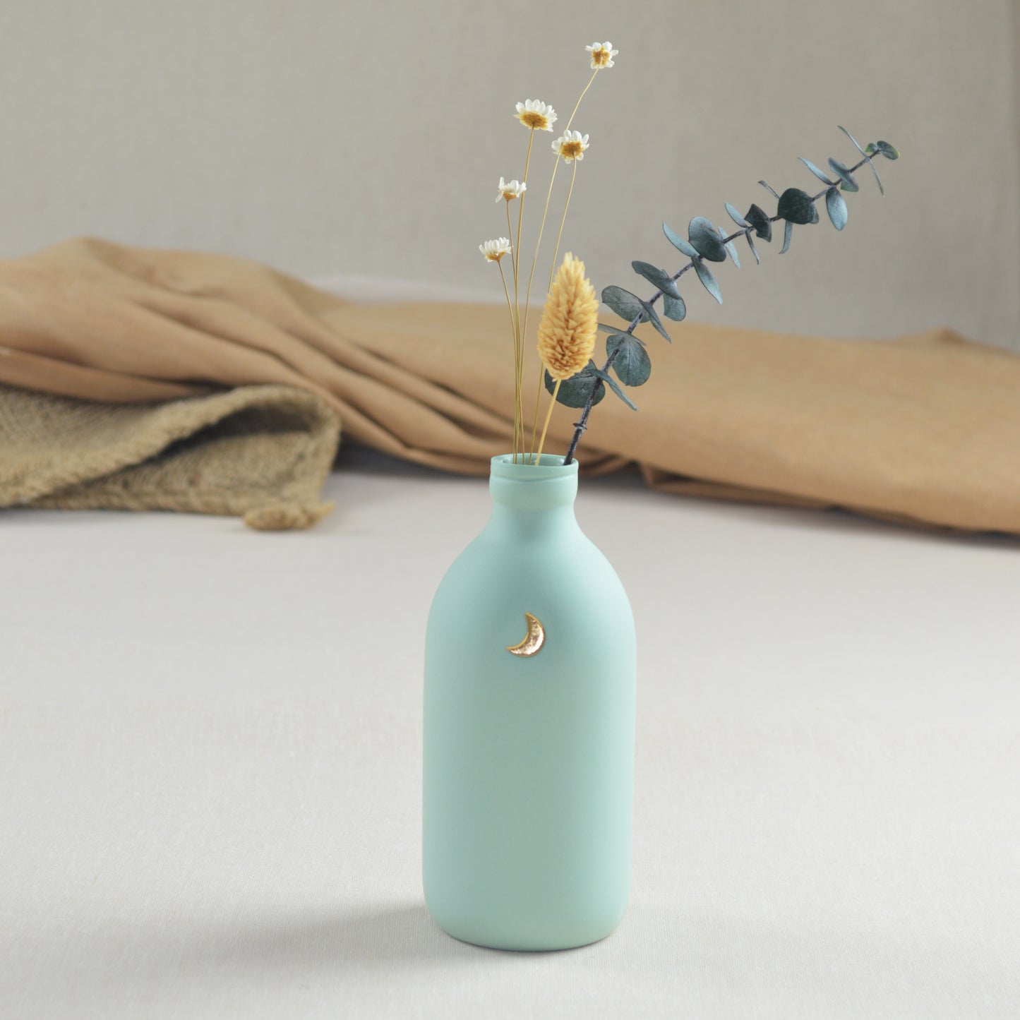 Pastel Mint Bottle Vase Embossed With A Gold Crescent Moon | Flower Vase | Porcelain Vase