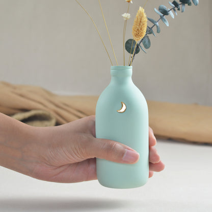Pastel Mint Bottle Vase Embossed With A Gold Crescent Moon | Flower Vase | Porcelain Vase