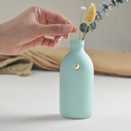 Pastel Mint Bottle Vase Embossed With A Gold Crescent Moon | Flower Vase | Porcelain Vase