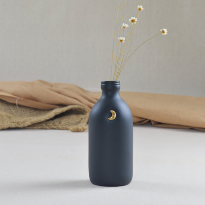 Black Ceramic Bottle Vase With A Gold Embossed Crescent Moon | Porcelain Vase | Flower Vase